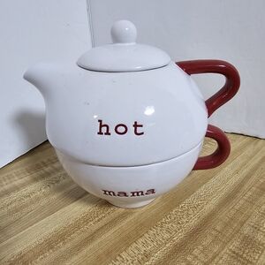 Pottery Barn Hot Mama Nesting Teapot & Teacup Set 3pc Ceramic Tea For One Unused